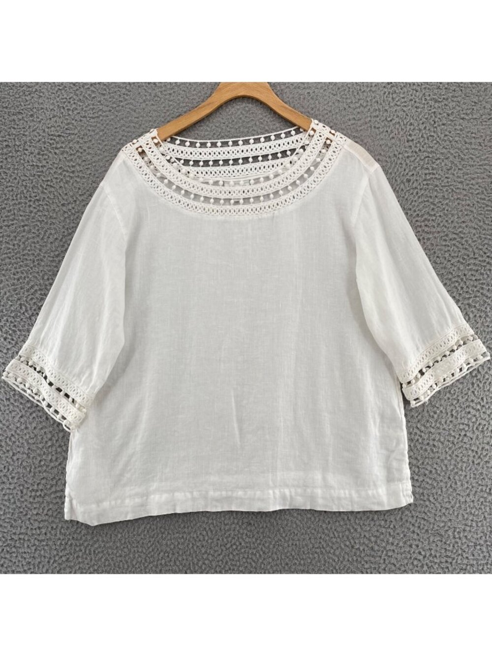 J Jill Top Womens Small White Love Linen Crochet Boat Neck 3/4 Sleeves Blouse